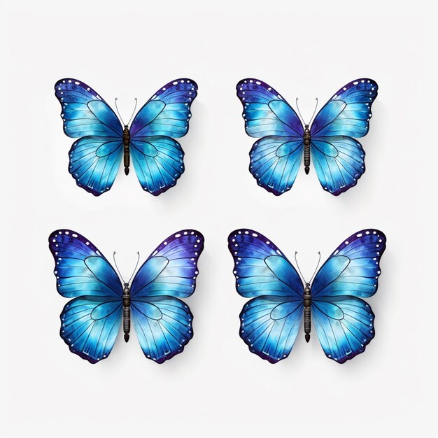 Photo four blue butterflies on a white background generative ai