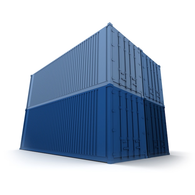 Four blue cargo containers neatly stacked