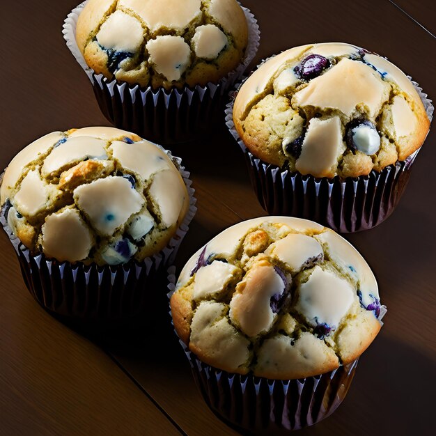 Four blueberry muffins are on a table with one muffin on it