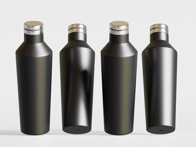 four bottles of black and silver colored bottles with gold caps