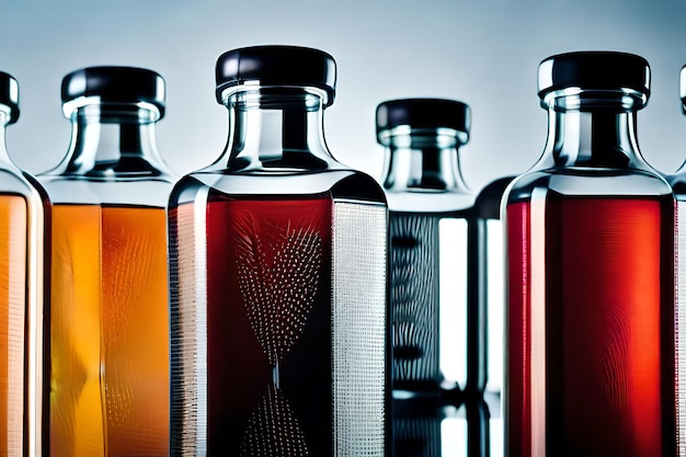 Foto quattro bottiglie di diversi colori sono allineate insieme.