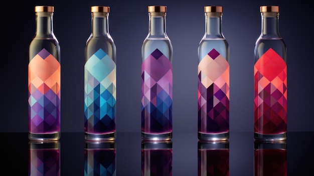 Foto quattro bottiglie di liquore con disegni colorati ai