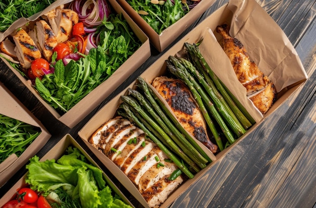 четыре коробки еды, включая курицу со спаржей и салат