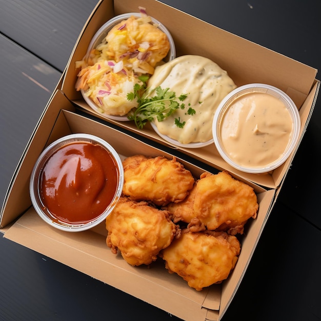 Foto quattro scatole di nuggets con gamberetti di pollo e salsa.