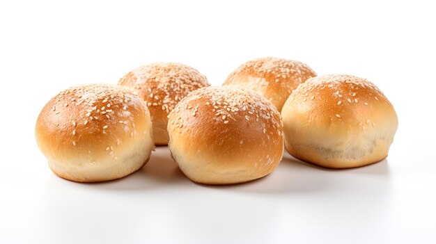 Photo four buns with sesame seeds and sesame seeds on a white background