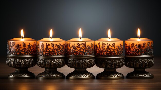 four burning candles with candlesticks on wooden table on black background