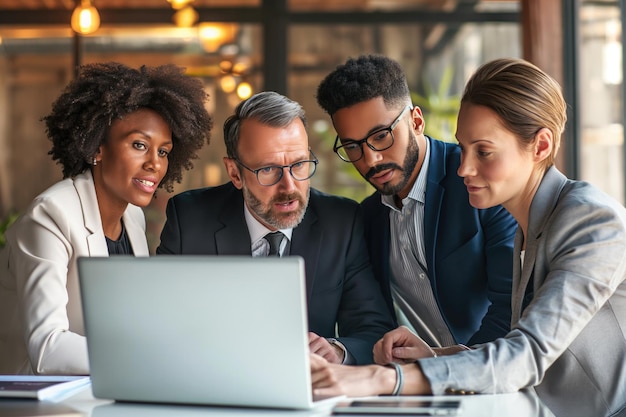 Photo four businesspeople working around an open laptop in creative office