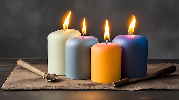 Four candles on a table with cinnamon sticks on the side.