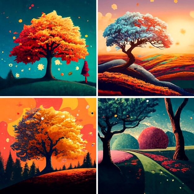 Four canvases each depicting different seasons blooming spring hot summer AI_Generated