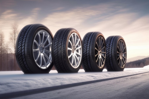 Four car wheels on a road covered with snow in winter