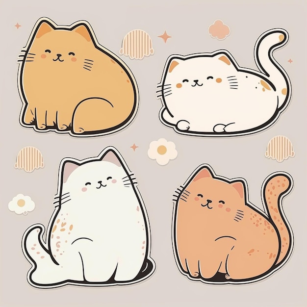 four cartoon cats sitting in different positions with flowers and clouds generative ai