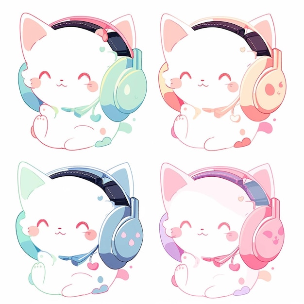 Four cartoon cats with headphones and a scarf generative ai