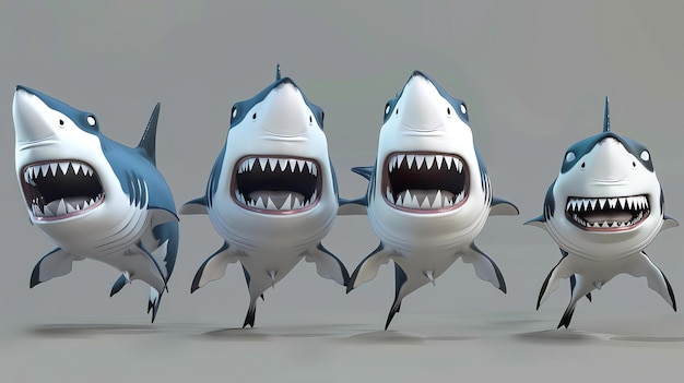 Four cartoon sharks with different expressions on their faces The sharks are all white and blue with big teeth and fins