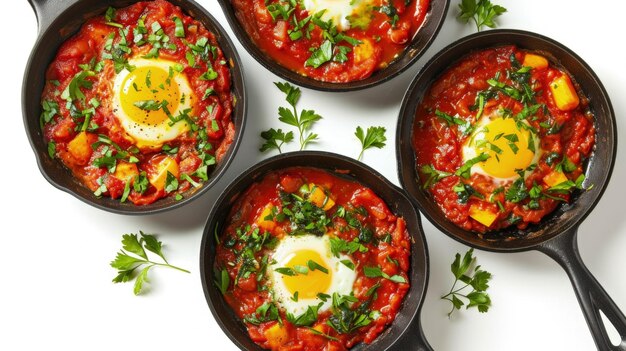 Four Cast Iron Skillets Filled With Baked Eggs