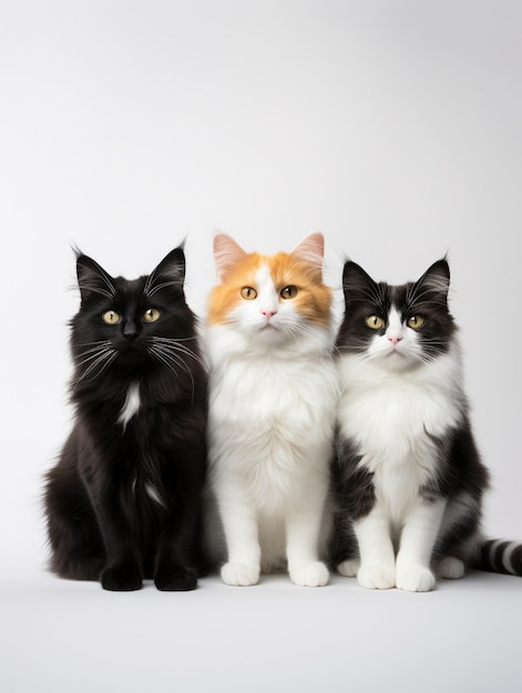 four cats are posing together, one has a white face.