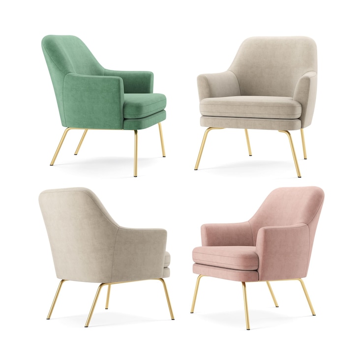 Photo four chairs with gold legs and a pink and green chair.