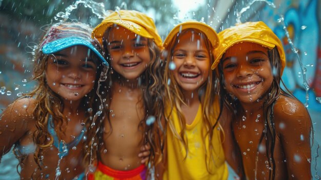 Four cheerful children in bright clothes are having fun spending their summer holidays outdoors in the rain