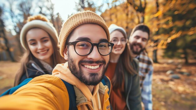 Four cheerful friends taking a selfie in a park with fall foliage They are all smiling and wearing warm clothes