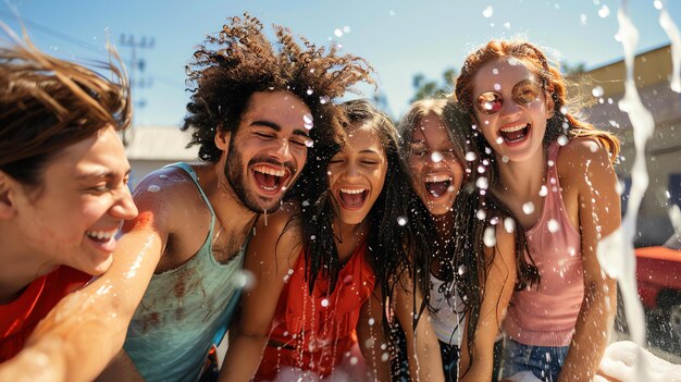 Photo four cheerful young friends having fun together at a water park they are all soaked in water and laughing