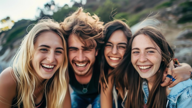 Four cheerful young friends laughing together outdoors