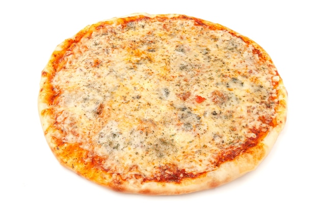 Four cheese pizza. Mozzarella, Gouda, Parmesan and Dor Blue. White background. Isolated. Close-up.