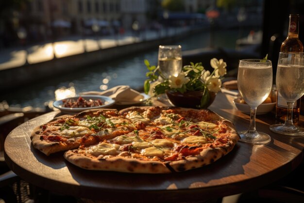 오래된 다리와 함께 피렌체의 강 식당에서 네 개의 치즈 피자 생성 IA