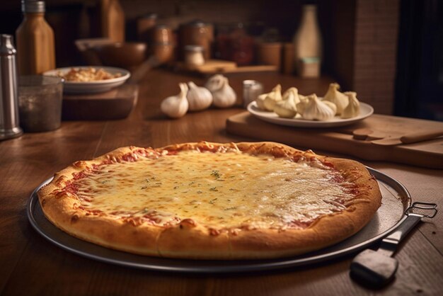 Four cheese pizza on the table in a pizzeria quick fast food