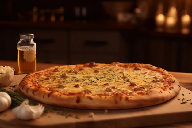 Four cheese pizza on the table in a pizzeria quick fast food