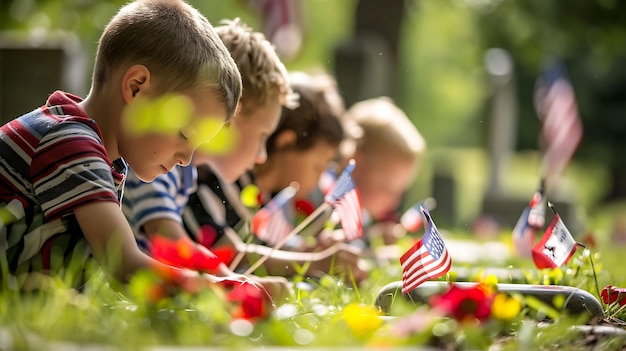 4人の子供たちが墓地にひざまずいて墓にアメリカ国旗を掲げています彼らはカジュアルな服を着ており太陽は明るく輝いています - - - -