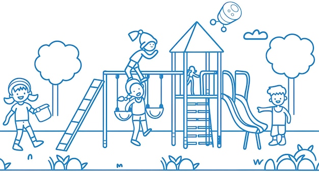 Four children are playing on a playground There are two boys and two girls They are playing on the slide the swings and the monkey bars