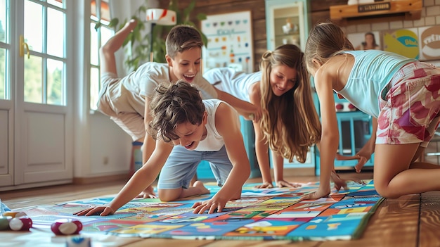 Foto quattro bambini stanno giocando a twister sul pavimento del soggiorno, stanno tutti ridendo e divertendosi.