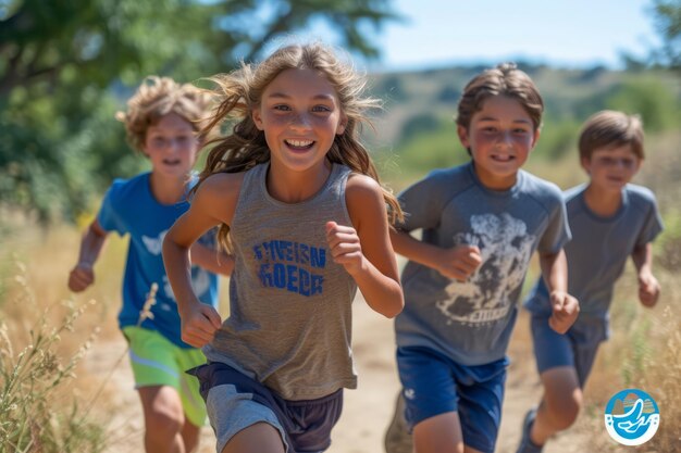 Four children running in a field