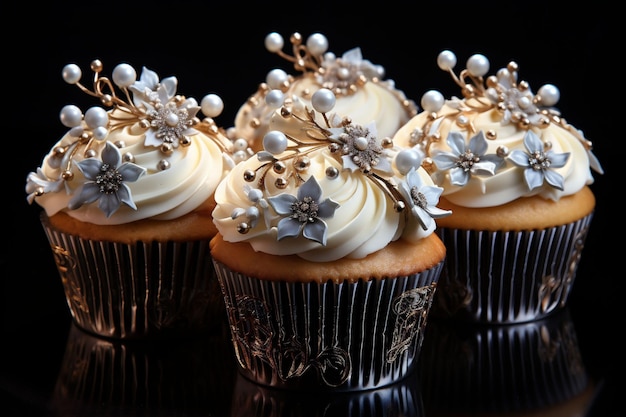 Four Christmas cupcakes decorated with flowers and sugar pearls on black background Copy space