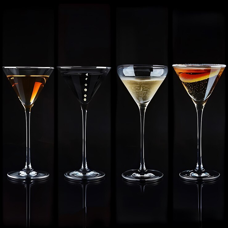 Photo 黒い背景に異なる飲み物が描かれた4つのカクテルグラス