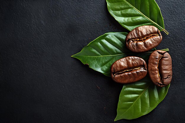 Four Coffee Beans with Leaves on a Black Background