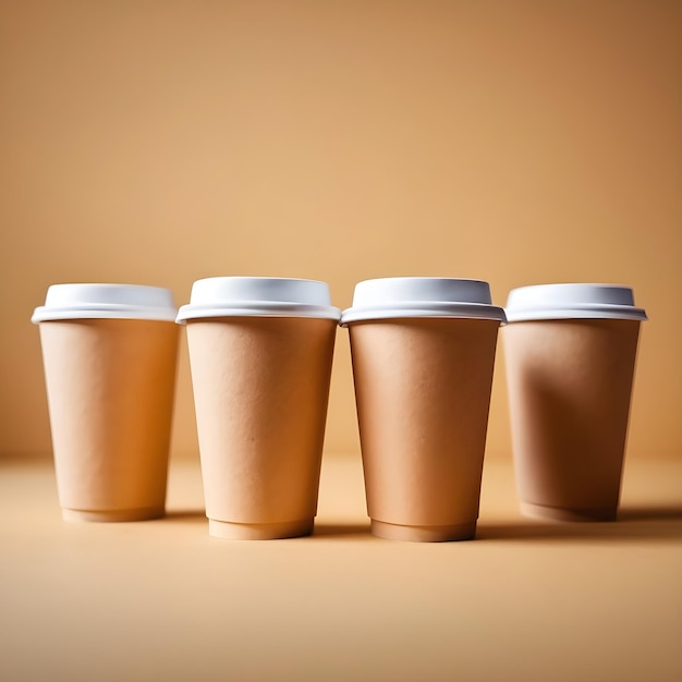 four coffee cups lined up on a table with one that says  five