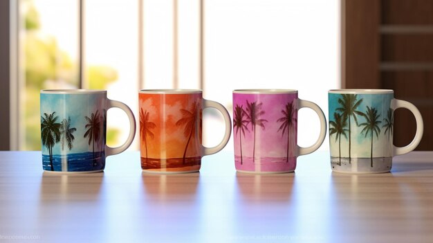 four coffee mugs with different designs on them sitting on a table generative ai