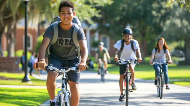 Photo four college students are riding their bikes on a treelined path on a college campus they are all smiling and wearing casual clothes