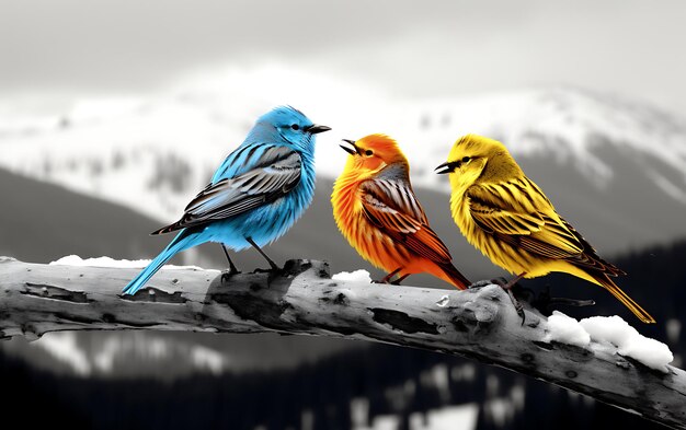 Photo four color fluffy birds