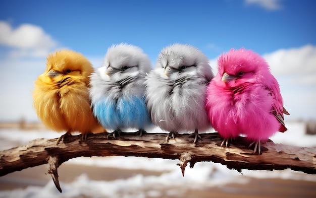 four color fluffy birds