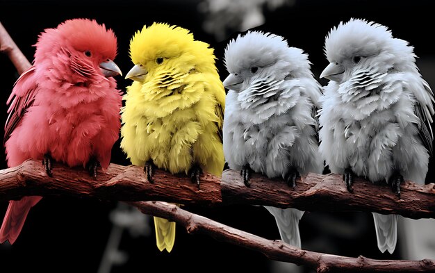 Photo four color fluffy birds