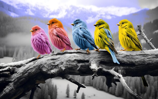 four color fluffy birds