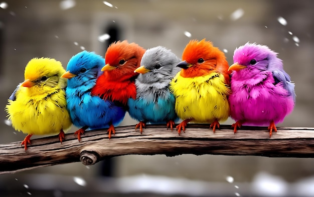 Photo four color fluffy birds