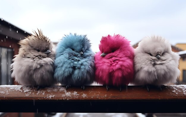 Photo four color fluffy birds