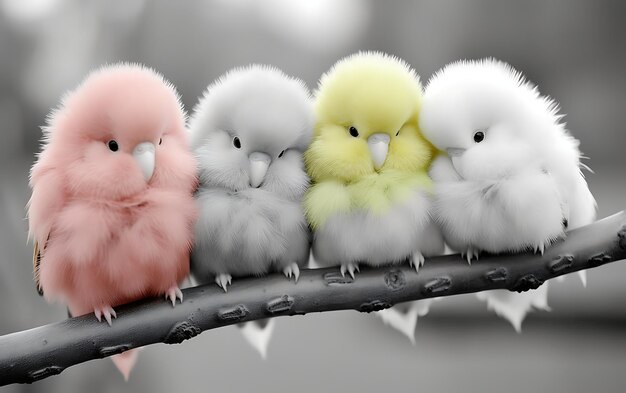 Photo four color fluffy birds