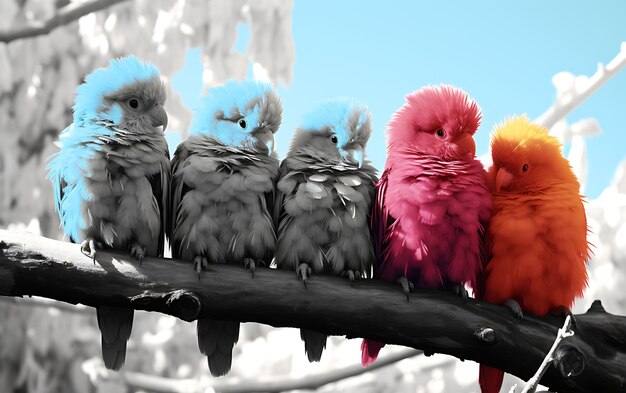 Photo four color fluffy birds