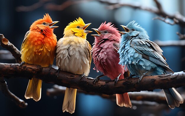 Photo four color fluffy birds