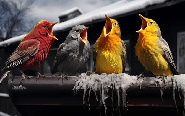 Photo four color fluffy birds