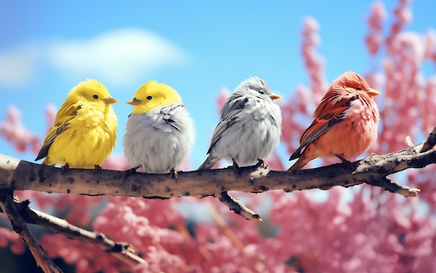 写真 4色のふわふわした鳥