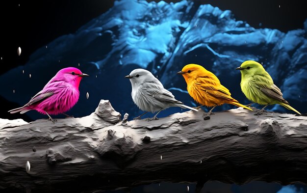 Photo four color fluffy birds